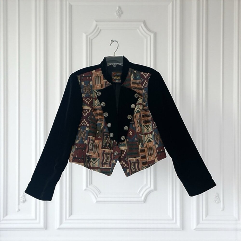 Vtg Circle T Velvet Tapestry Jacket Size L Western Cowgirl Military Crop Navajo